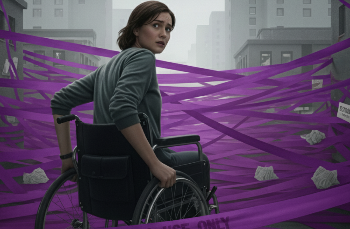 Person in a wheelchair trying to move through purple tape.