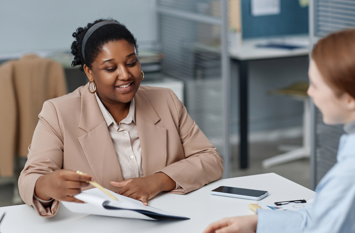 A woman going over her notes.