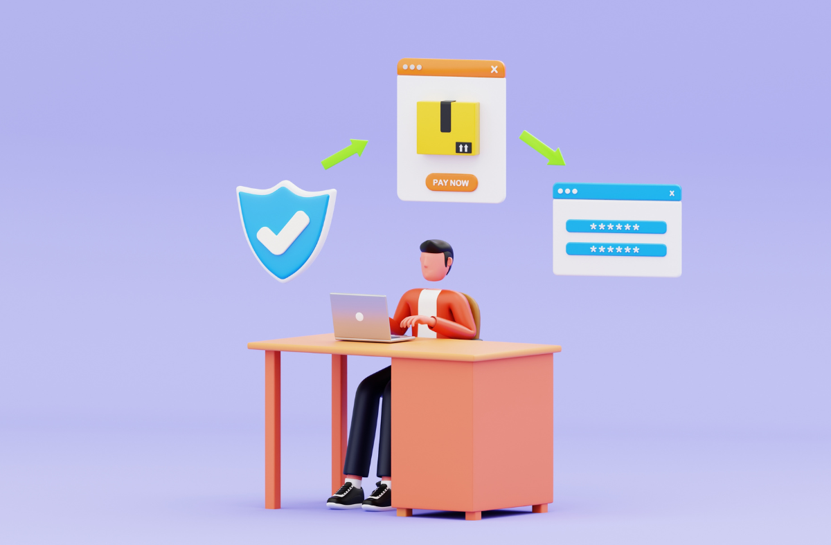 An illustrated rendering of a person typing into their computer, making digital payments.