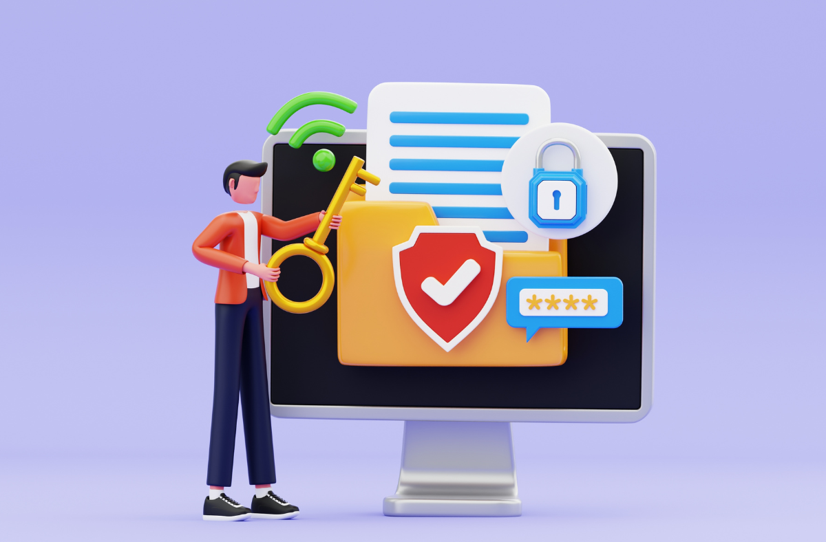 An illustrated rendering of a person holding a key before a locked computer screen.
